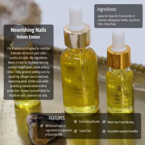 Eye dropper bottles of Velvet Amber Nourishing Nails sit on a tray with product info in text on the image.