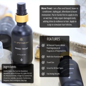 Bottles of Mane Treat sit on a tray with product info in text on the image.