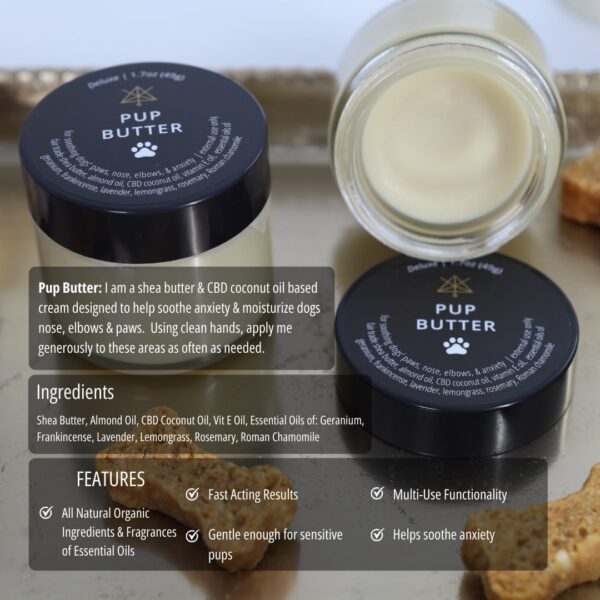 Pup Butter in a small container with various info about the product on the image.