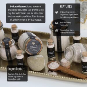 Multiple bottles of Delicate Cleanser sit on a gold tray with product info on the image.