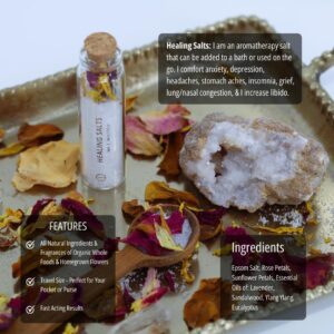 A Mini Healing Salts container with various info about the product on the image.